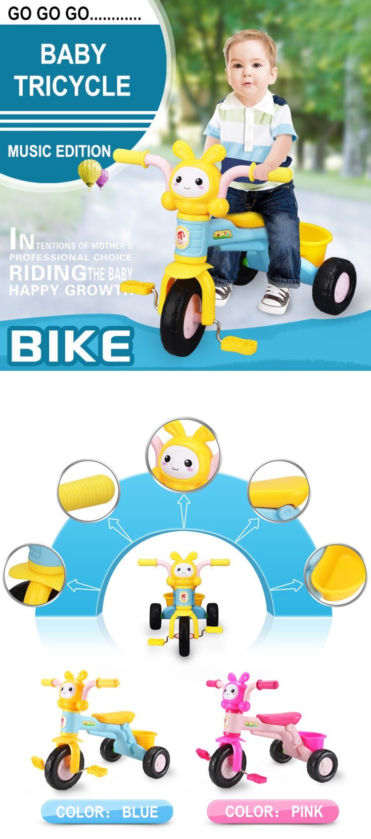 Baby Stroller Kids Bikes Tricycle Baby Walkers Music Version Cartoon Children's Bicycles Three Wheeled Bicycle Outdoor Gear